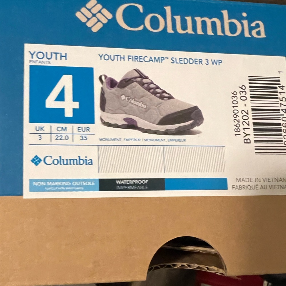 NIB Columbia Youth Size 4 Waterproof Shoes- grey and purple